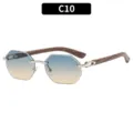Polygon rimless sunglasses with gradient lenses and wood texture temples, color C10 fashion eyewear. - C10-Silver Frame Green Brown Lens