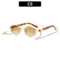 Modische Polygon Sonnenbrille mit Metallrahmen Leo Bügel und Kette für Damen neu - C6 Goldener Rahmen Verlaufsbraune Gläser