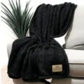 Black knitted cable blanket with cozy sherpa backing and stylish brand label variant. - Black / 127*152CM