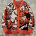 Orange Halloween knitted cardigan sweater with ghost and pumpkin pattern V-neck button closure - Orange
