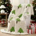 Chunky knit Christmas tree chenille blanket detail, cozy winter home decor sofa throw. - Christmas Tree - White