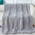 Chunky chenille knit blanket detail, soft handmade throw blanket for cozy sofa and home decor. - 127x152cm - 2.5kg / Light Gray