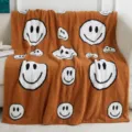 Brown fluffy knit throw blanket with trendy white wavy smiley face pattern, soft couch blanket. - Big Smiley Face - Brown
