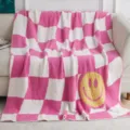 Pink white check fuzzy throw blanket soft cozy knitted plush blanket with yellow smiley face - Fuchsia Plaid Smiley Face