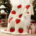 Cozy chunky knit blanket with cute strawberry pattern, soft chenille throw for sofa and bed. - Strawberry
