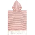 Gestreifter Kapuzen Strandtuch Poncho für Kinder mit Vordertasche und Fransen weich. - Türkischer Bademantel mit feinen Streifen - Rot