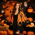 Women Halloween bat wing knitted cape black orange festival cozy shawl cardigan outerwear - Black & Orange