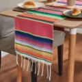 Mexican style colorful striped table runner with fringe for party dining table decoration. - 35*215cm with Tassels 10*2 - 200g / Mexican Blanket - Rose Red Series