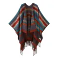 Bohemian retro ethnic striped women warm shawl poncho cape travel cozy fringe stylish wrap - Blue and Orange