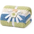 Cozy striped knitted throw blanket for sofa and office nap with elegant ribbon flower decor. - 127*152 - 580g / Cyan
