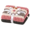 Cozy patchwork knit throw blanket with ribbon flower decor, soft sofa and bed cover. - Black Pink