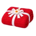 Red knitted blanket cozy throw for sofa bed office nap with elegant white ribbon bow gift - Pure Red