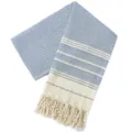Detailopname van het blauw-witte ruitjes jacquardweefsel en handgemaakte franje details. - Nieuw Turks ruitpatroon - Koningsblauw