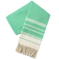 Gedetailleerd shot van de groene ruit geweven Turkse strandhanddoek met mooie kwastjes. - Nieuw Turks ruitpatroon - smaragdgroen
