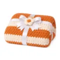 Orange and white striped knitted blanket, cozy sofa throw, decorative gift blanket with bow. - Orange