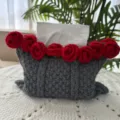 Handmade crochet tissue box cover with red roses, acrylic yarn cute home decor tissue holder. - [Upgraded] Bright Red Rose & Iron Grey Tissue Pouch