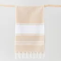 Detailed view of beige Turkish beach towel with white stripes and elegant tassel fringe. - 100*180cm + Tassels 10*2cm (350g) / Khaki