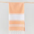 Detail shot of orange and white striped Turkish beach towel featuring elegant bottom fringe. - 100*180cm + Tassels 10*2cm (350g) / Orange