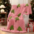 Pink chunky knit Christmas tree throw blanket, cozy chenille sofa blanket for winter decor. - Christmas Tree-Pink