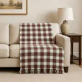 Chenille plaid rood groen ruit patroon bankhoes variant zacht warm gezellig interieur - Fijne chenille franjes met kleine ruitjes - Wit