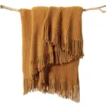 Amber yellow ribbed knit throw blanket detail showing soft textured fabric and fringe. - Striped Warp Knit - Mustard Yellow