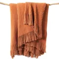 Orange ribbed knit throw blanket with fringe, cozy sofa blanket for office or living room. - Striped Warp Knit - Brick Red / 127*152+10cm Fringes