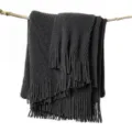 Dark grey knitted throw blanket with fringes for sofa, office nap and cozy home decor use - Striped Warp Knit - Smoky Gray / 127*152+10cm Fringes