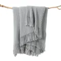 Grey knitted throw blanket for sofa, cozy fringe design, soft couch blanket variant. - Striped Warp Knit - Light Gray / 127*152+10cm Fringes
