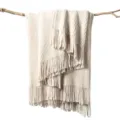 Beige knitted throw blanket with fringes, soft cozy sofa blanket for office nap or air conditioning. - Striped Warp Knit - Milk White