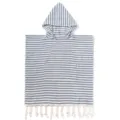 Blau-weiß gestreifter Kapuzen-Strandtuch-Poncho mit praktischer Tasche und Fransen. - Gestreifter türkischer Bademantel - Blau