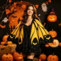 Halloween Women Knit Shawl Cape Cardigan Bat Wing Black Yellow Halloween Party Sweater Coat - Black Yellow
