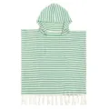 Grün-weiß gestreifter Kapuzen Strandtuch Poncho für Kinder mit Vordertasche und Fransen. - Gestreifter türkischer Bademantel - Grün