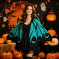Women Halloween Bat Wing Knitted Cape Cardigan Black Blue Festival Sweater Outerwear - Black Lake Blue