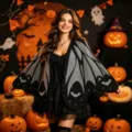 Black White Knitted Bat Cape Halloween Open Front Cardigan Women Ghost Pattern Shawl - Black and Gray