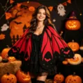 Black and red Halloween bat wing knit shawl cardigan, spooky gothic cape for women party wear. - Black Red