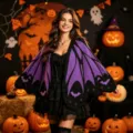 Women Halloween bat wing knitted cape black purple gothic shawl cardigan sweater outerwear - Black Purple