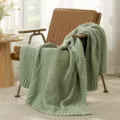 Cozy sage green knitted throw blanket for living room sofa couch, soft textured warm decor - 127*152CM / Green