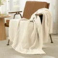 Cream white knitted throw blanket with diagonal pattern, cozy soft sofa blanket for home. - 127*152CM / White