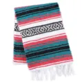Mexican striped woven serape blanket with fringe boho beach throw yoga mat tapestries. - Emerald Blue