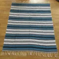 Mexican woven blanket blue grey striped fringe throw blanket casual picnic mat outdoor beach rug - MC Lake Grey