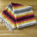 Mexican woven blanket with fringe, geometric striped style beach towel and picnic mat for yoga. - Yellow and Rose Red