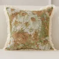 Vintage Blumen Baumwolle Leinen Kissenbezug mit Fransen dekorativer Sofakissenbezug Boho - 45*45cm (Mit Füllung) / Kaffee Grün Ölgemälde