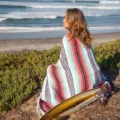 Woven Mexican blanket detail view, colorful diamond jacquard outdoor beach and picnic blanket. - Light Green and Pink