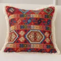 Amerikanischer Vintage Stil Jacquard Kissenbezug mit Fransen, ethnische geometrische Sofakissen. - 45*45cm (Mit Füllung) / Dunkelrot Emblem