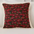 Amerikanischer Vintage Baumwoll Leinen Kissenbezug mit rotem Blumen Jacquard und Fransen. - 45*45cm (Ohne Kern) / Rose