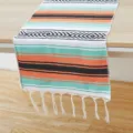 Mexican style woven table runner with colorful stripes and stylish fringe decor. - 35*210 + Tassels 10*2 - 200g / Mexican Geometric Table Runner - Mint & Orange