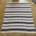 Woven Mexican blanket featuring classic stripe and diamond jacquard patterns with fringe. - MC Grey Pink