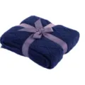 Dark blue knitted blanket with ribbon bow, cozy throw for sofa and bed decoration use. - 130x170cm (500g) / Navy Blue