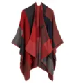 Women's autumn winter plaid cashmere feel poncho cape open front color block shawl wrap. - Color Block - Red