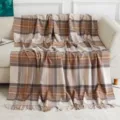 Brown plaid wool throw blanket, cozy cashmere feel tartan fringe blanket for sofa couch bed. - Beige Plaid
